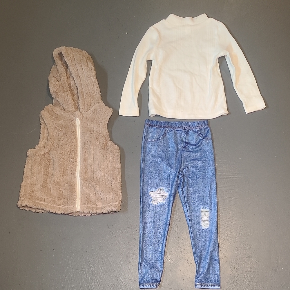 SHEIN Cream Top and Blue Jeans Set with Tan Vest